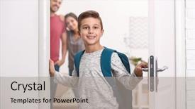  Presentation with handecap in school - PPT layouts with backpack leaving for school background and a light gray colored foreground