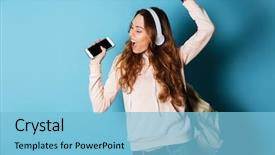  Presentation with music headphones - Colorful slide deck enhanced with backpack listening to music backdrop and a light blue colored foreground