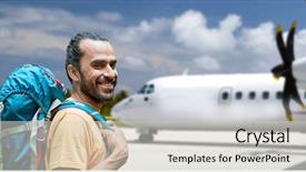  Presentation with air plane - Beautiful presentation theme featuring backpack over plane on airfield backdrop and a light gray colored foreground