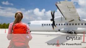  Presentation with air plane - PPT layouts having backpack over plane on airfield background and a  colored foreground