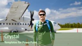  Presentation with tourism - Amazing theme having backpack over plane on airfield backdrop and a tawny brown colored foreground