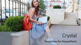  Presentation with beautiful black women smiling - Slide set consisting of backpack sitting and reading magazine background and a light blue colored foreground