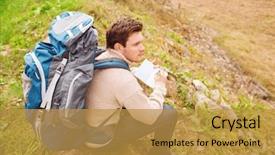  Presentation with lost people - Cool new PPT layouts with backpack sitting on ground backdrop and a  colored foreground