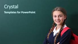 Presentation with teenage girl - Cool new PPT theme with backpack standing near green school backdrop and a ocean colored foreground