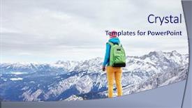  Presentation with mountain top - Presentation theme featuring backpack standing on top background and a sky blue colored foreground