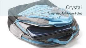  Presentation with backpack - Presentation design featuring backpack with a laptop inside background and a light blue colored foreground