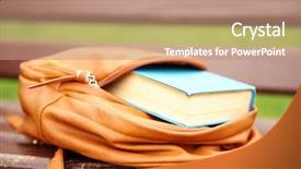  Presentation with backpack - Colorful theme enhanced with backpack with book on bench outdoors backdrop and a coral colored foreground