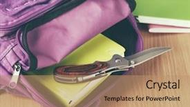  Presentation with school desk - Amazing PPT theme having backpack with knife on school backdrop and a coral colored foreground