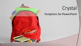  Presentation with backpack - PPT layouts consisting of backpack with school supplies on wooden table background and a light gray colored foreground
