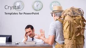  Presentation with hotel - Amazing PPT theme having backpacker-at-the-hotel-reception backdrop and a sky blue colored foreground