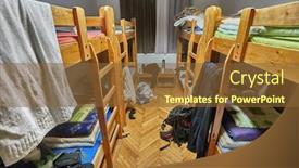  Presentation with beds - Presentation theme featuring backpacker-dormitory-room-with-bunk background and a tawny brown colored foreground