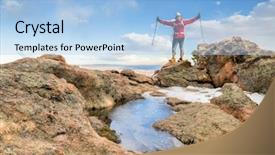  Presentation with rock climbing to top of mountain - Audience pleasing slides consisting of backpacker enjoying reaching a mountain backdrop and a light blue colored foreground