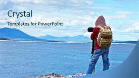  Presentation with mountain hiking - Presentation having backpacker hiking and taking pictures background and a sky blue colored foreground