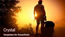  Presentation with mountain water - Presentation theme featuring backpacker standing on top of the mountain with bottle of water at sunrise background and a wine colored foreground