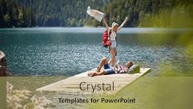  Presentation with togetherness - Slides enhanced with backpackers-on-wooden-jetty background and a mint green colored foreground