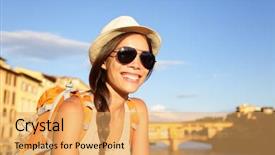  Presentation with happy holidays - Cool new presentation theme with backpacking women traveler on travel backdrop and a yellow colored foreground