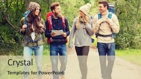  Presentation with travel friends - Slides having backpacks and map walking background and a  colored foreground