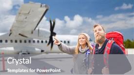  Presentation with rural tourism people adventure - PPT theme having backpacks over plane on airfield background and a  colored foreground