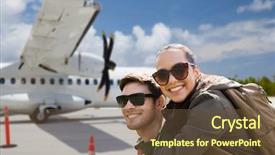  Presentation with travel and tourism - Slide deck featuring backpacks over plane on airfield background and a tawny brown colored foreground