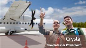  Presentation with travel and tourism - Beautiful slides featuring backpacks over plane on airfield backdrop and a  colored foreground
