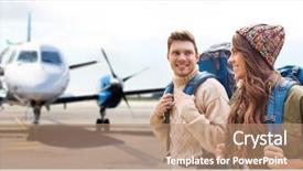  Presentation with tourism - Slide deck featuring backpacks over plane on airfield background and a coral colored foreground