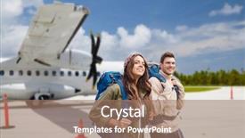  Presentation with tourism - Amazing theme having backpacks over plane on airfield backdrop and a coral colored foreground