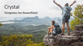  Presentation with mountain top - PPT theme featuring backpacks relaxing on top background and a white colored foreground