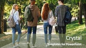  Presentation with students - Cool new PPT theme with backpacks walking at the campus backdrop and a violet colored foreground