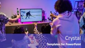  Presentation with youthful - Presentation theme featuring backs-of-youthful-friends background and a cobalt blue colored foreground