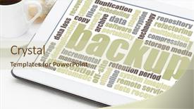 Presentation with backup - Presentation design enhanced with backup word cloud on a digital tablet with a cuo of coffee background and a soft green colored foreground