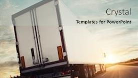  Presentation with cargo transportation - PPT layouts having backview of european truck vehicle on motorway with dramatic sunset light cargo transportation and supply theme background and a light gray colored foreground