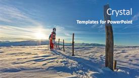  Presentation with winter sports - Theme featuring backview of snowboarder walking on snowshoes in powder snow european alpine scenery winter sports and activities background and a teal colored foreground