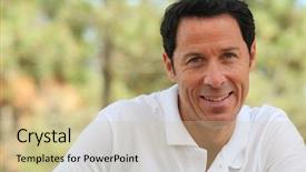  Presentation with gold man smile - Presentation design featuring backwoods - man smiling background and a soft green colored foreground