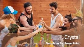  Presentation with community service happy volunteer group - Beautiful slide deck featuring backyard bbq - group of happy young friends backdrop and a red colored foreground