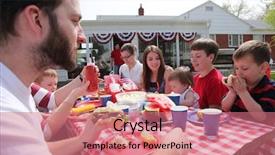  Presentation with 4th july - Slide deck with backyard bbq - large family gathering background and a coral colored foreground