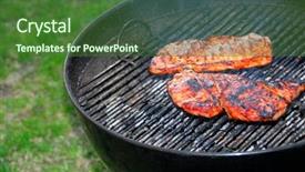  Presentation with steaks - Colorful presentation design enhanced with backyard bbq - wood burning barbeque and steaks backdrop and a  colored foreground