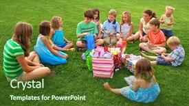  Presentation with birthday boy - Presentation with backyard party - boy opens birthday present background and a tawny brown colored foreground