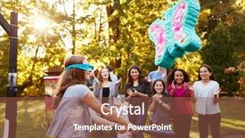  Presentation with teen girl - Beautiful presentation design featuring backyard party - friends watch pre-teen girl hitting backdrop and a tawny brown colored foreground