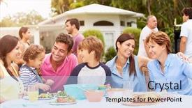  Presentation with generation - Colorful presentation theme enhanced with backyard party - multi generation family enjoying meal backdrop and a light blue colored foreground