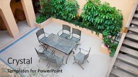  Presentation with 2 chairs - Audience pleasing PPT theme consisting of backyard with chairs and table for resting backdrop and a light gray colored foreground