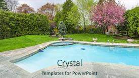  Presentation with outdoor patio - Audience pleasing theme consisting of backyard with outdoor inground residential backdrop and a sky blue colored foreground