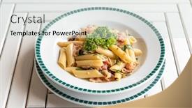  Presentation with chilli - Audience pleasing theme consisting of bacon aglio olio pasta with garlic and chilli backdrop and a sky blue colored foreground