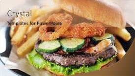 Presentation with burger fries - Colorful PPT theme enhanced with bacon barbecue burger topped with onion rings on white table served with fries backdrop and a coral colored foreground