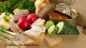  Presentation with fresh fruits vegetables groceries paper - Beautiful PPT layouts featuring bacon-fresh-vegetables-boiled-egg backdrop and a gold colored foreground