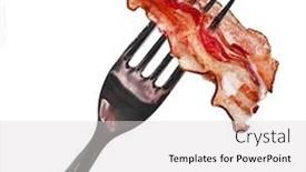  Presentation with crisp - PPT layouts enhanced with bacon fried crisp slice on fork isolated on white background background and a light gray colored foreground