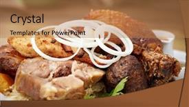  Presentation with pork bacon - Slide set enhanced with bacon grilled beef pork knuckle sauerkraut grilled onions cold salad with cabbage mustard and fat from the roasting background and a coral colored foreground