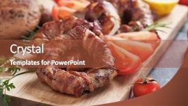  Presentation with wooden boat at sea edge - Slide deck having bacon onion rings on wooden background and a red colored foreground