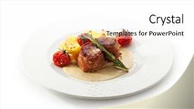  Presentation with pork bacon - Colorful presentation design enhanced with bacon wrapped pork medallions with roasted potato and cream of mushrooms sauce backdrop and a white colored foreground