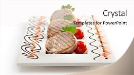  Presentation with pork bacon - Presentation featuring bacon wrapped pork medallions with mashed potato and cherry tomatoes background and a white colored foreground