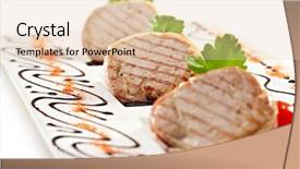  Presentation with pork bacon - Audience pleasing PPT theme consisting of bacon wrapped pork medallions with mashed potato and cherry tomatoes backdrop and a lemonade colored foreground